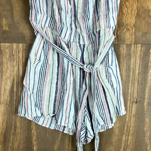 LOFT Beach Womens Romper Tan Multi Striped Linen Blend Smock Neck Flutter M - Picture 3 of 12